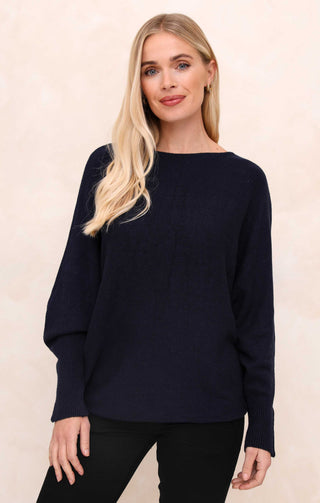 Navy Slash Neck Relaxed Fit Luxury Knit Long Sleeve Jumper - Audrey