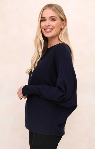 Navy Slash Neck Relaxed Fit Luxury Knit Long Sleeve Jumper - Audrey