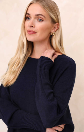 Navy Slash Neck Relaxed Fit Luxury Knit Long Sleeve Jumper - Audrey