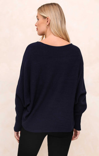 Navy Slash Neck Relaxed Fit Luxury Knit Long Sleeve Jumper - Audrey