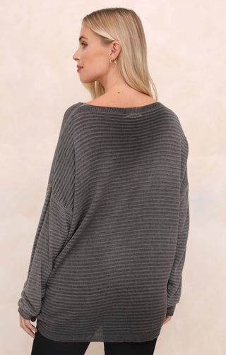 Charcoal Acid Wash V Neck Long Sleeve Rib Detail Jumper - Sadie
