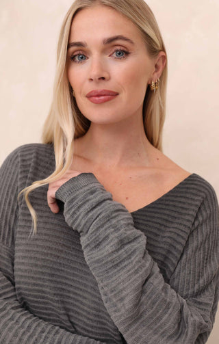 Charcoal Acid Wash V Neck Long Sleeve Rib Detail Jumper - Sadie