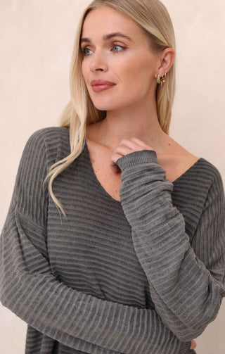 Charcoal Acid Wash V Neck Long Sleeve Rib Detail Jumper - Sadie