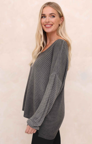 Charcoal Acid Wash V Neck Long Sleeve Rib Detail Jumper - Sadie
