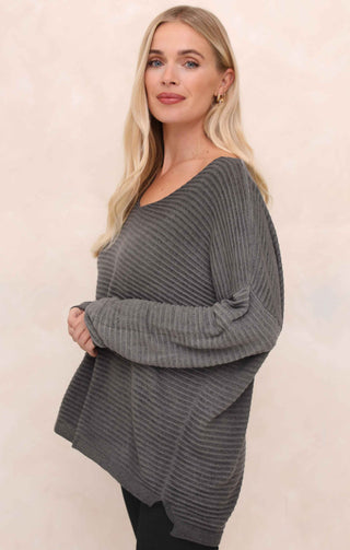 Charcoal Acid Wash V Neck Long Sleeve Rib Detail Jumper - Sadie
