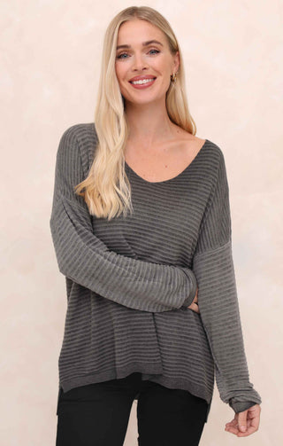 Charcoal Acid Wash V Neck Long Sleeve Rib Detail Jumper - Sadie