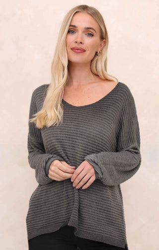 Charcoal Acid Wash V Neck Long Sleeve Rib Detail Jumper - Sadie