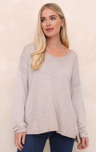 Buttermilk Acid Wash V Neck Long Sleeve Rib Detail Jumper - Sadie
