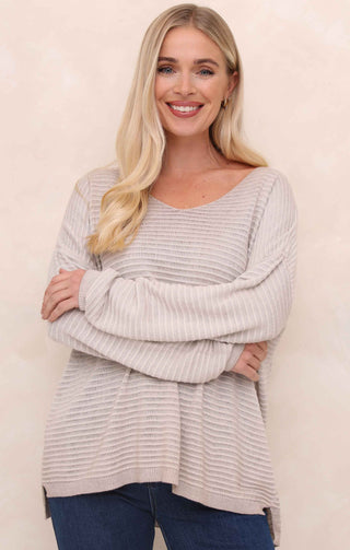 Buttermilk Acid Wash V Neck Long Sleeve Rib Detail Jumper - Sadie