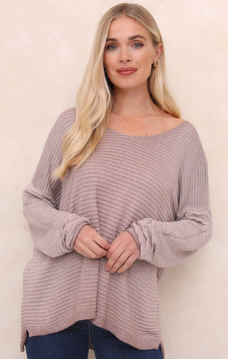 Dusky Pink Acid Wash V Neck Long Sleeve Rib Detail Jumper - Sadie