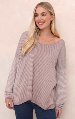 Dusky Pink Acid Wash V Neck Long Sleeve Rib Detail Jumper - Sadie