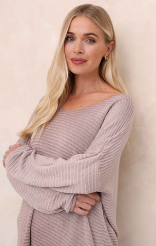 Dusky Pink Acid Wash V Neck Long Sleeve Rib Detail Jumper - Sadie