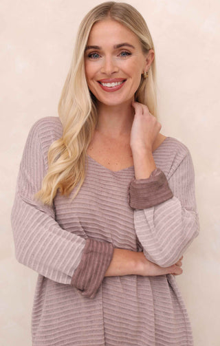 Dusky Pink Acid Wash V Neck Long Sleeve Rib Detail Jumper - Sadie