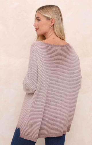 Dusky Pink Acid Wash V Neck Long Sleeve Rib Detail Jumper - Sadie