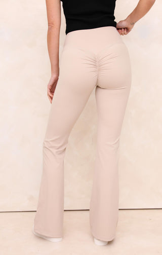 Cream Bodycon Shaping High Waisted Kick Flare Active Trousers - Brooklyn