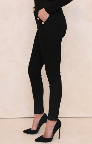 Black High Rise Button Gold Detail Straight Skinny Jeans - Cora