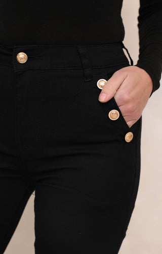 Black High Rise Button Gold Detail Straight Skinny Jeans - Cora