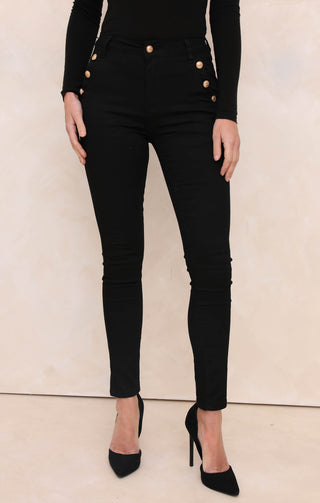 Black High Rise Button Gold Detail Straight Skinny Jeans - Cora