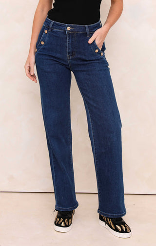 Blue Wash Mid Rise Gold Button Pocket Detail Straight Leg Jeans - Kaylee