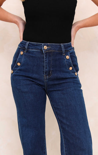 Blue Wash Mid Rise Gold Button Pocket Detail Straight Leg Jeans - Kaylee