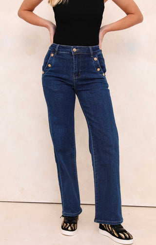 Blue Wash Mid Rise Gold Button Pocket Detail Straight Leg Jeans - Kaylee