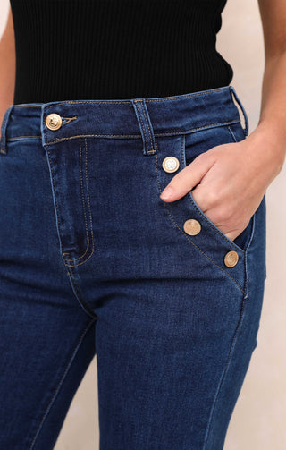 Blue Wash Mid Rise Gold Button Pocket Detail Straight Leg Jeans - Kaylee