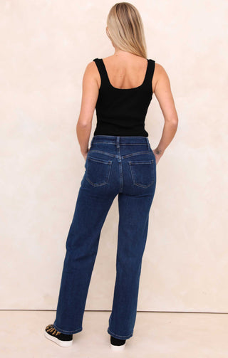 Blue Wash Mid Rise Gold Button Pocket Detail Straight Leg Jeans - Kaylee