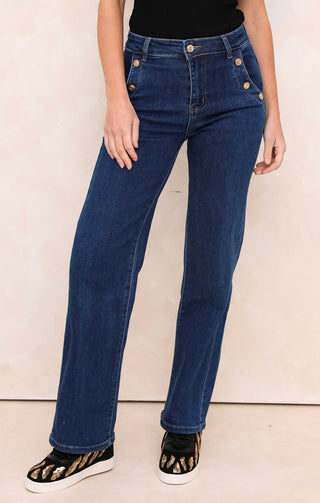 Blue Wash Mid Rise Gold Button Pocket Detail Straight Leg Jeans - Kaylee