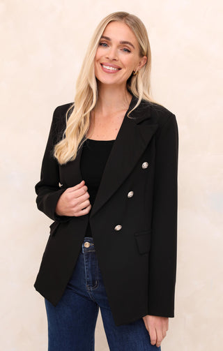 Black Double Breasted Gold Button Detail Tailored Blazer - Caroline