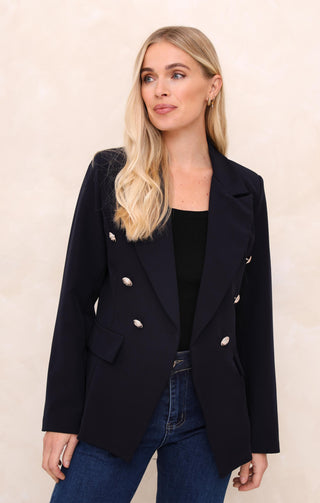 Navy Double Breasted Gold Button Detail Tailored Blazer - Caroline
