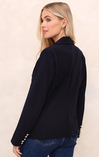 Navy Double Breasted Gold Button Detail Tailored Blazer - Caroline