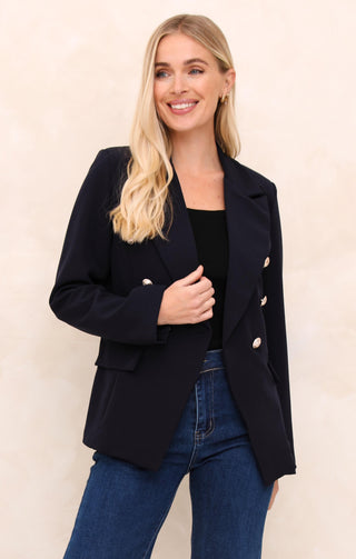 Navy Double Breasted Gold Button Detail Tailored Blazer - Caroline