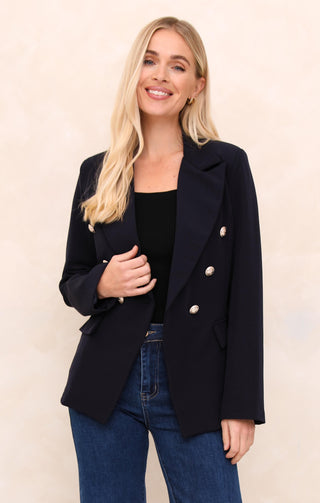 Navy Double Breasted Gold Button Detail Tailored Blazer - Caroline