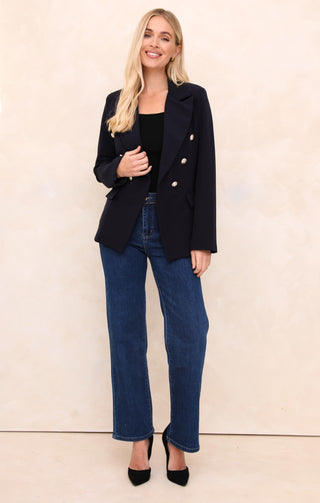 Navy Double Breasted Gold Button Detail Tailored Blazer - Caroline