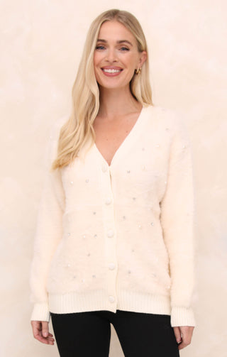 Cream Luxury Fluffy Knit Pearl & Diamond Embellished Cardigan - Athena