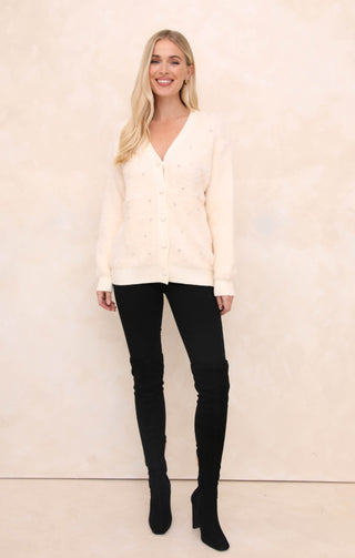 Cream Luxury Fluffy Knit Pearl & Diamond Embellished Cardigan - Athena