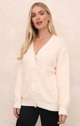 Cream Luxury Fluffy Knit Pearl & Diamond Embellished Cardigan - Athena