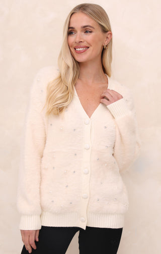 Cream Luxury Fluffy Knit Pearl & Diamond Embellished Cardigan - Athena