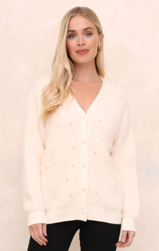 Cream Luxury Fluffy Knit Pearl & Diamond Embellished Cardigan - Athena