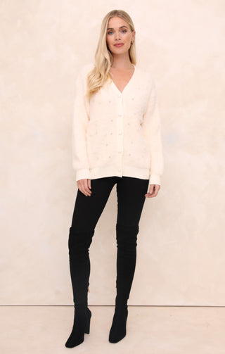 Cream Luxury Fluffy Knit Pearl & Diamond Embellished Cardigan - Athena