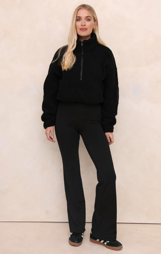Black 1/4 Zip Funnel Neck Sherpa Long Sleeve Fully Lined Sweater - Natalia