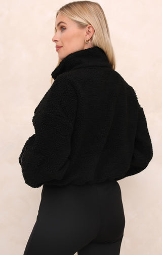 Black 1/4 Zip Funnel Neck Sherpa Long Sleeve Fully Lined Sweater - Natalia