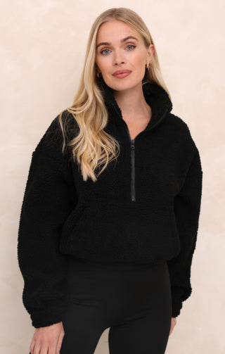Black 1/4 Zip Funnel Neck Sherpa Long Sleeve Fully Lined Sweater - Natalia