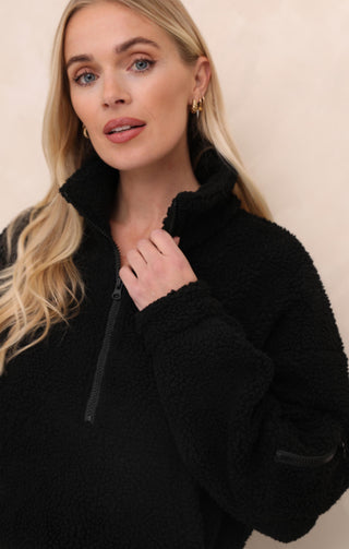 Black 1/4 Zip Funnel Neck Sherpa Long Sleeve Fully Lined Sweater - Natalia