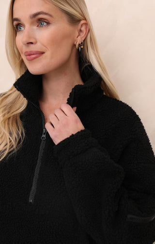 Black 1/4 Zip Funnel Neck Sherpa Long Sleeve Fully Lined Sweater - Natalia