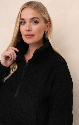 Black 1/4 Zip Funnel Neck Sherpa Long Sleeve Fully Lined Sweater - Natalia
