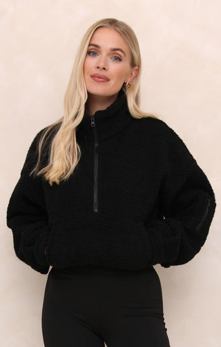 Black 1/4 Zip Funnel Neck Sherpa Long Sleeve Fully Lined Sweater - Natalia