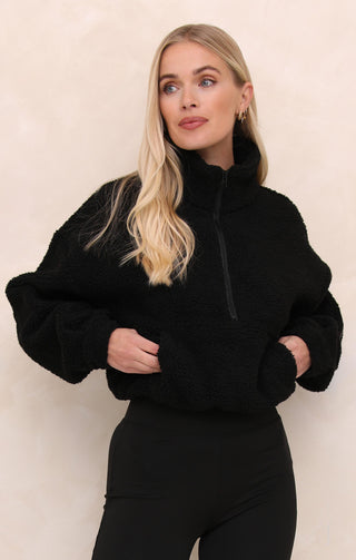 Black 1/4 Zip Funnel Neck Sherpa Long Sleeve Fully Lined Sweater - Natalia