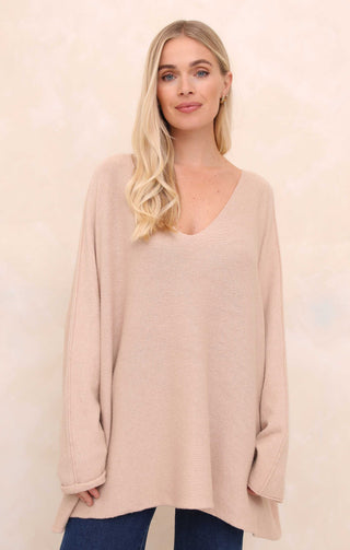 Buttermilk V Neck Oversized Relaxed Fit Long Sleeve Jumper - Hailey