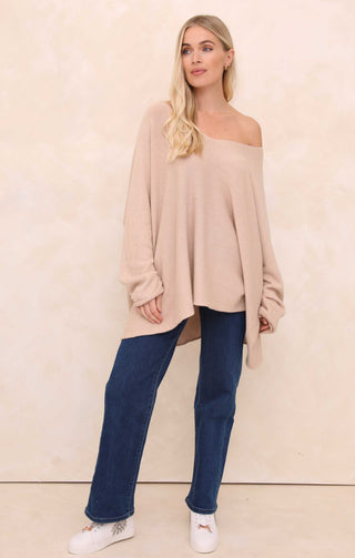 Buttermilk V Neck Oversized Relaxed Fit Long Sleeve Jumper - Hailey